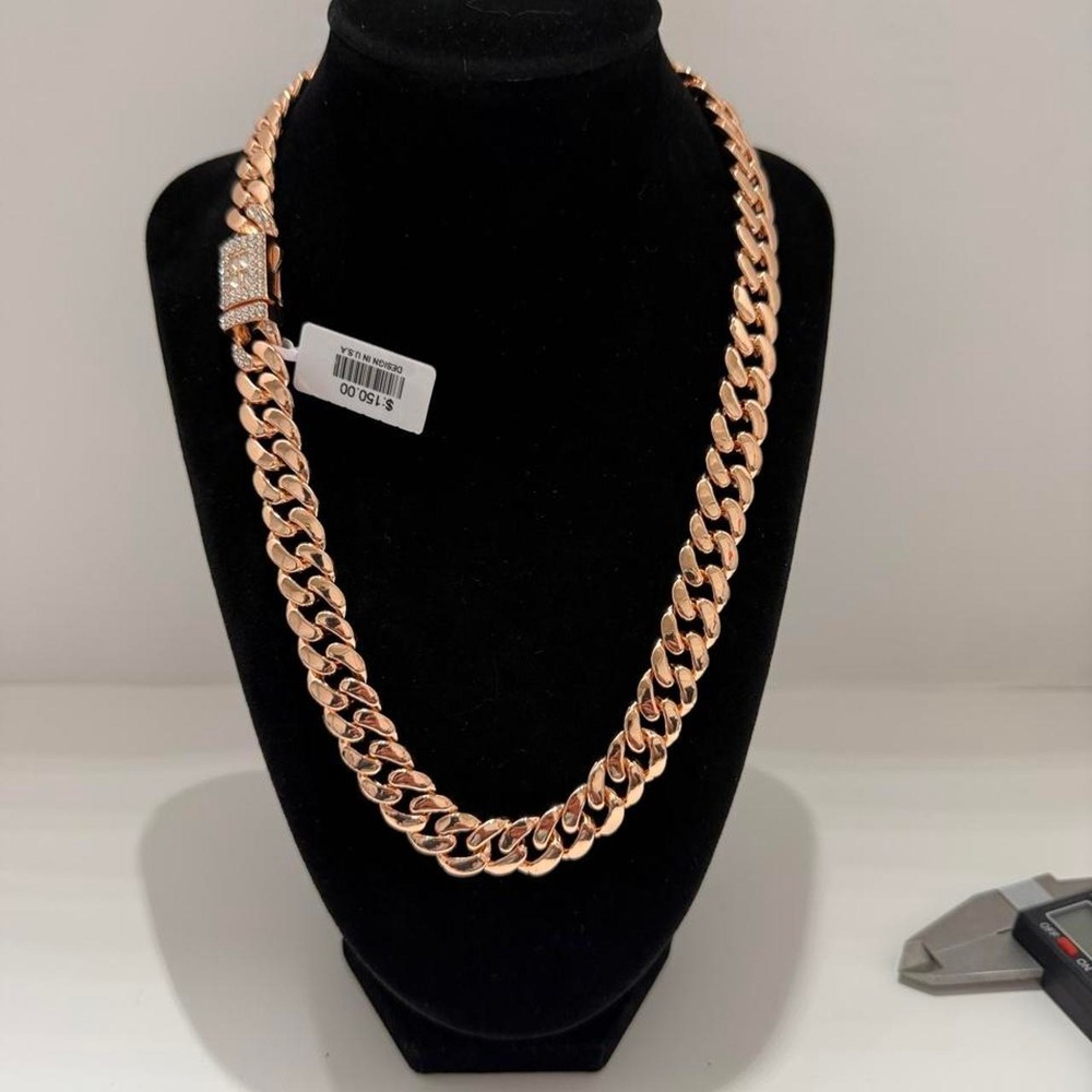 cuban chain rose gold over stainless steel iced out box lock 20 inch 13mm